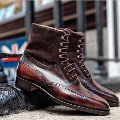 New men's brown lace up leather boots, handmade ankle high dress boots - Thumbnail 3