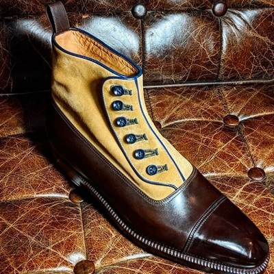 New men's handmade tan brown ankle high button boots, stylish dress boots - Thumbnail 3