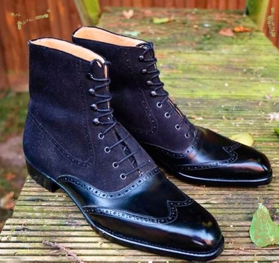 Handmade Men's Navy Lace Up Ankle High Suede Leather Boots, Elegant Dress Boots