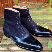 Handmade Men's Navy Lace Up Ankle High Suede Leather Boots, Elegant Dress Boots - Thumbnail 1