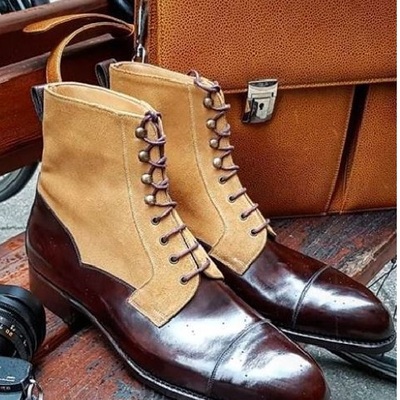 Men new handmade tan brown ankle high lace up boots, stylish formal boots men's - Thumbnail 3