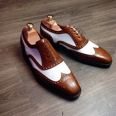 New men's ankle leather shoes, handmade brown white formal shoes - Thumbnail 5