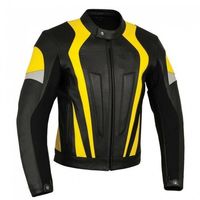 Customize Men Black Motor Bike Yellow Stripes Genuine Leather Safety Pads Jacket - Thumbnail 1