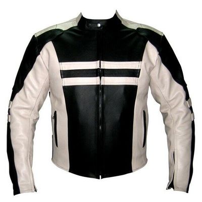 Customize men black white contrast motor biker genuine leather safety pad jacket - Thumbnail 4