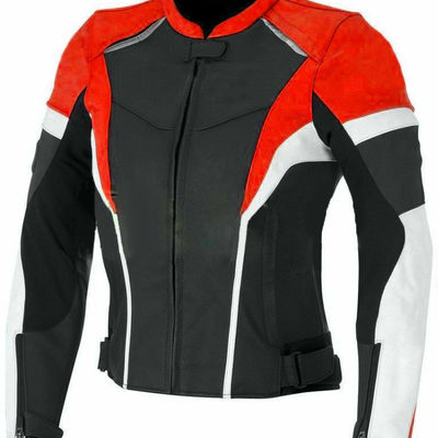 Custom men black & orange biker white stripped genuine leather safety pad jacket - Thumbnail 1