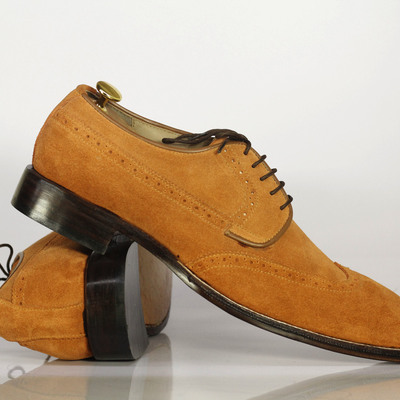 Men's shoes tan leather suede whole cut lace up dress shoes - Thumbnail 3