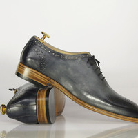 Men's Gray Leather Whole Cut Lace Up Dress Shoes - Thumbnail 1
