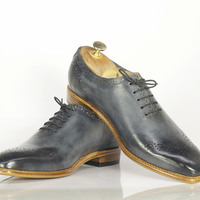 Men's Gray Leather Whole Cut Lace Up Dress Shoes - Thumbnail 2