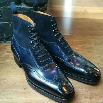 Men hand stitched blue leather suede boots,leather formal wing tip ankle boot - Thumbnail 3