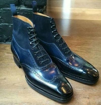 Men Hand stitched Blue Leather Suede Boots,Leather formal wing tip Ankle boot
