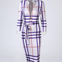 Long Sleeve Sexy Check Dress - Thumbnail 2