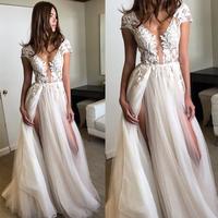 Long prom dress, ivory prom dress, seen through deep v neck prom dress, sexy prom dress, short sleeves prom dress,beach wedding dresses - Thumbnail 1