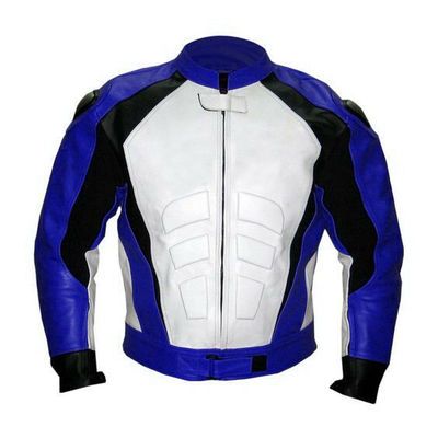 Custom men blue & white biker black stripped elegant leather safety pad jacket - Thumbnail 2
