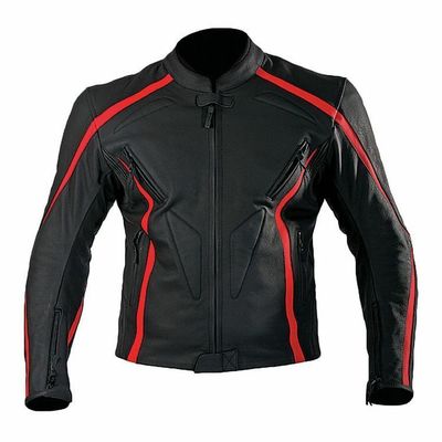 Custom Men Black Motor Biker Red Striped Real Genuine Leather Safety Pads jacket