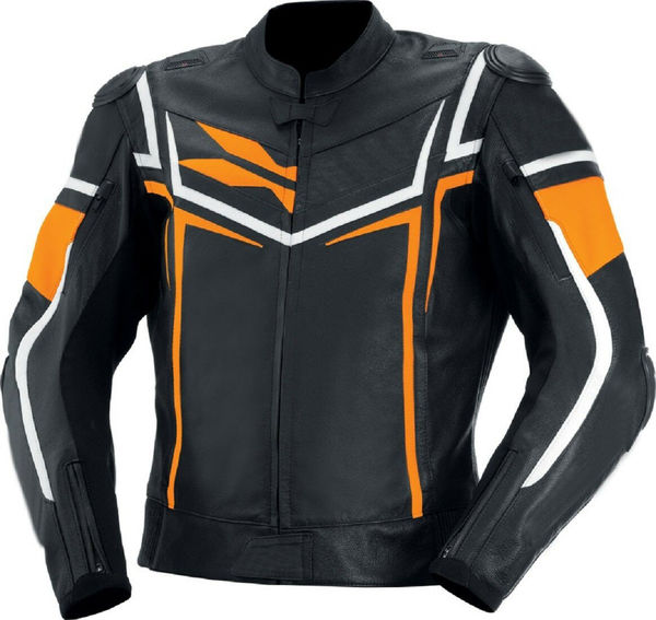 Custom Men Black Motorcycle White Orange Striped Real Leather Safety Pads jacket