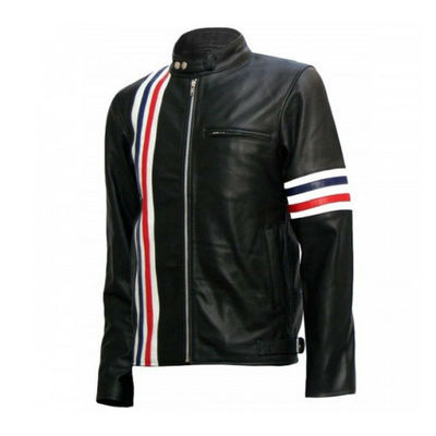 Custom men black color motorcycle red blue white striped genuine leather jacket - Thumbnail 2