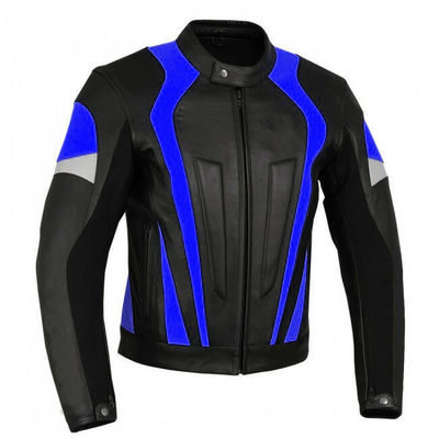 Customized men black motor bike blue stripes genuine leather safety pads jacket - Thumbnail 2