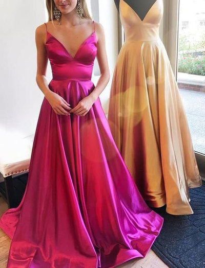 Spaghetti Straps Fuchsia Champagne Long Prom Dresses