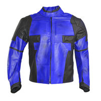 Customized Men Blue Black Contrast Motor Bike Genuine Leather Safety Pads Jacket - Thumbnail 1