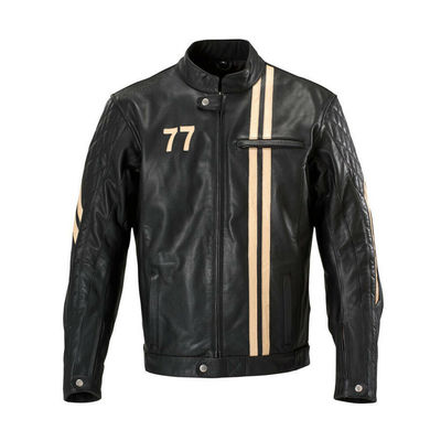Custom Men Black Biker White Stripes Genuine Cowhide Leather Safety Pads Jacket