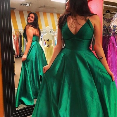 Simple spaghetti straps green long prom dresses
