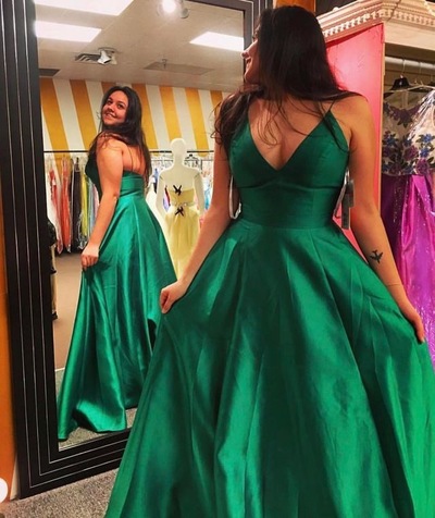 Simple Spaghetti Straps Green Long Prom Dresses