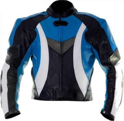 Custom Men Black Blue Biker White Linings Genuine Leather Safety Pads Jacket