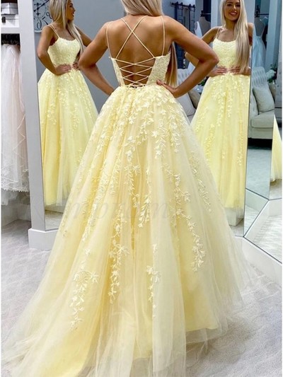 A-Line Scoop Neck Yellow Tulle Lace Prom Dresses,Prom Gowns Evening Party Dresses