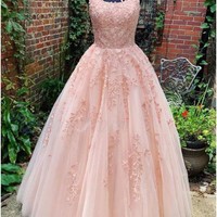 A-Line Scoop Neck Yellow Tulle Lace Prom Dresses,Prom Gowns Evening Party Dresses - Thumbnail 3