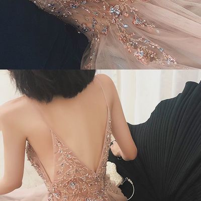 A-line beaded long rosewood prom dress with split