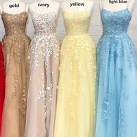 A-Line Scoop Neck Lace Cross Back Prom Dresses - Thumbnail 1