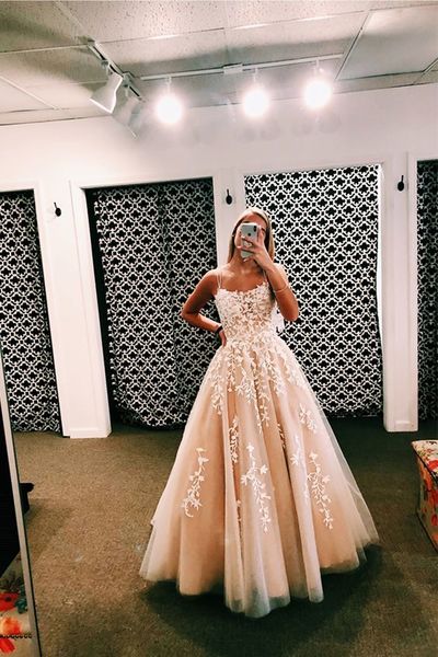 A-Line Scoop Neck Lace Cross Back Prom Dresses