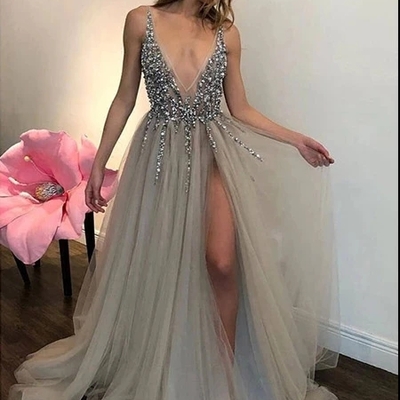 Beaded sexy tulle prom dresses wedding party dresses