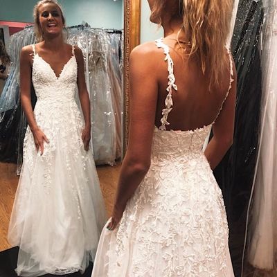 Cute a line v neck white lace prom dress, prom party dresses - Thumbnail 2