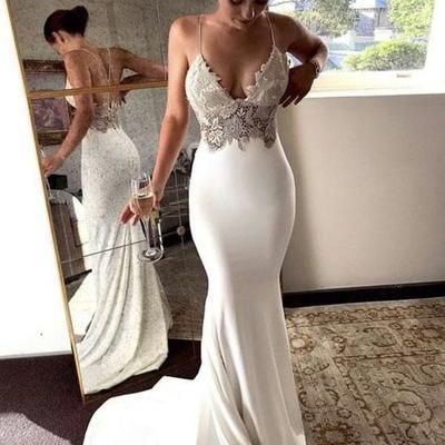 Elegant chic mermaid white satin wedding dress, champagne lace wedding dress
