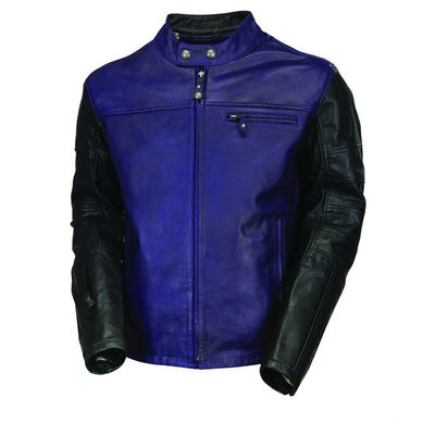 Custom men black blue cont motorcycle front zip real leather safety pads jacket - Thumbnail 2