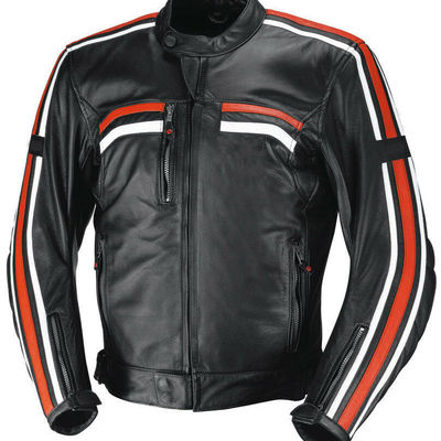 Custom men black color motorbike red white striped racing genuine leather jacket - Thumbnail 1