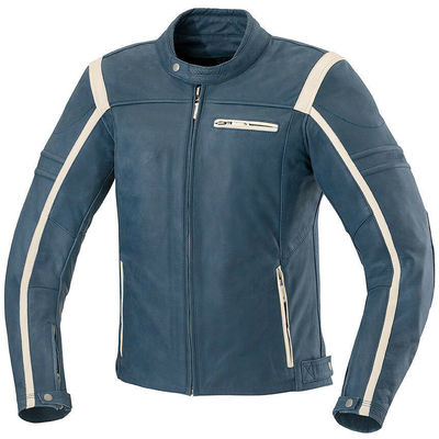 Blue color motorbike white striped genuine leather tab collar handmade jacket - Thumbnail 1