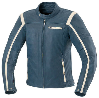 Blue Color Motorbike White Striped Genuine Leather Tab Collar Handmade Jacket