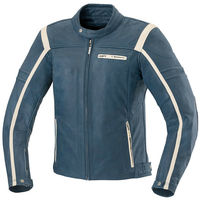 Blue Color Motorbike White Striped Genuine Leather Tab Collar Handmade Jacket - Thumbnail 1