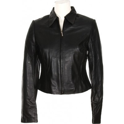 Luxury black leather women jacket with flap collar and front fastening zipper - Thumbnail 1