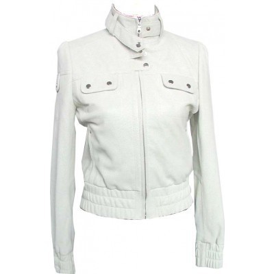 White Leather Jacket Women Outer Wear Tab Collar Stretchable Waist and Sleeves