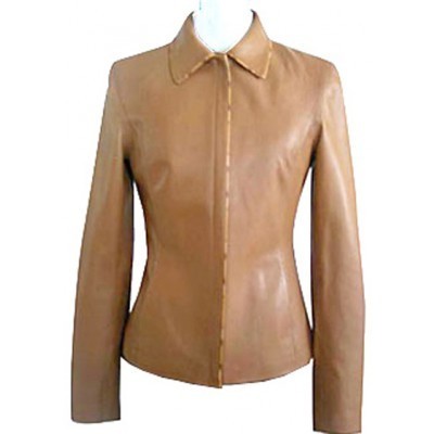 Handmade women tan fashion jacket with real leather flap collar front zipper - Thumbnail 4