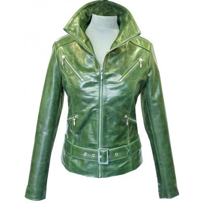 Customize green leather jacket with belted waist front zipper women's slim fit - Thumbnail 2