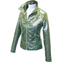 Customize Green Leather Jacket With Belted Waist Front Zipper Women's Slim Fit - Thumbnail 1