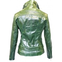 Customize Green Leather Jacket With Belted Waist Front Zipper Women's Slim Fit - Thumbnail 2