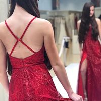 Sparkly V Neck Spaghetti Straps Red Prom Dress with Split, Party Dress - Thumbnail 1