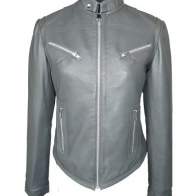 Made to order gray leather jacket with tab collar front zip closure women's - Thumbnail 3
