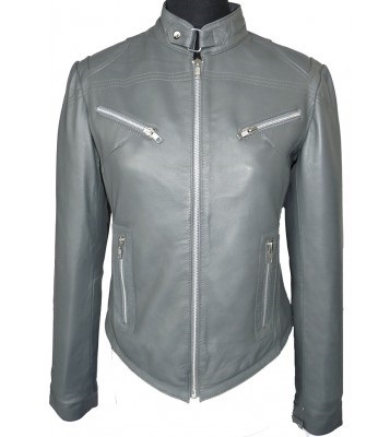 Made To Order Gray Leather Jacket With Tab Collar Front Zip Closure Women's