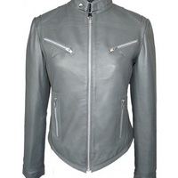Made To Order Gray Leather Jacket With Tab Collar Front Zip Closure Women's - Thumbnail 3